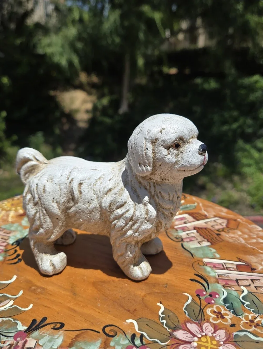 VTG Cast Iron Dog Figurine White Pekingese Shih Tzu Maltese Garden Statue Dog